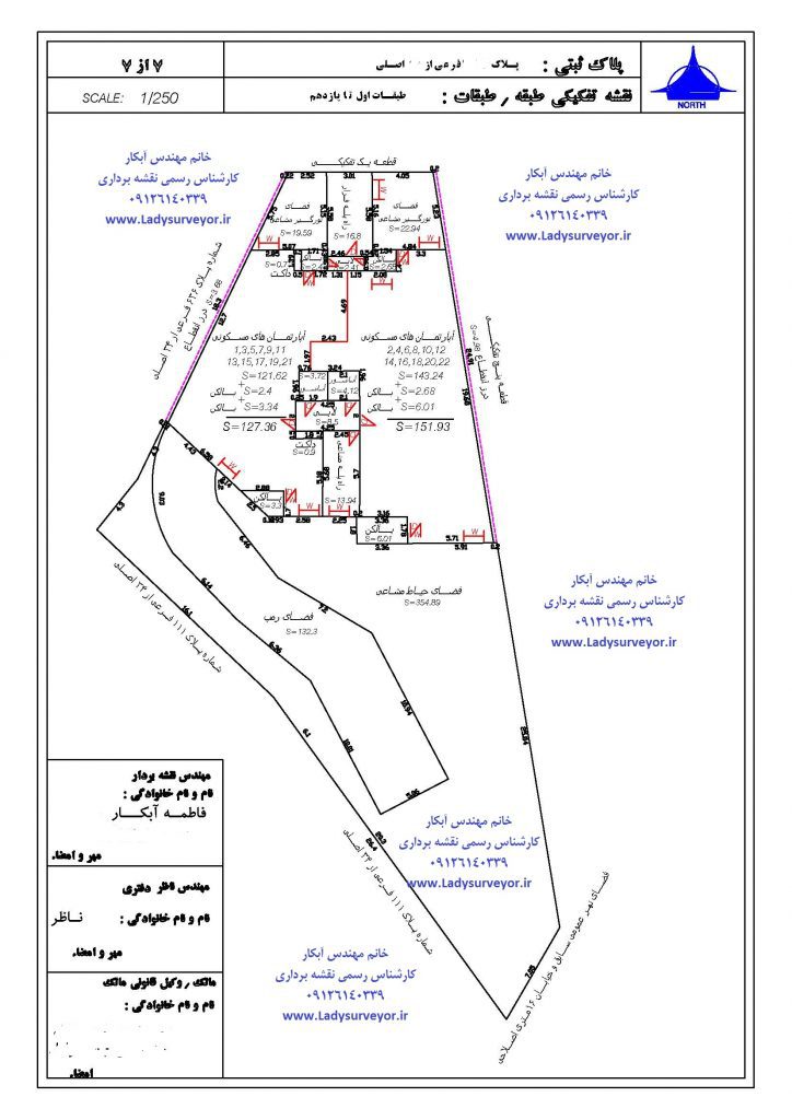 نقشه تفکیک آپارتمانهای برج مسکونی محاسبه متراژ دقیق نقشه بردار خانم مهندس آبکار 09126140339