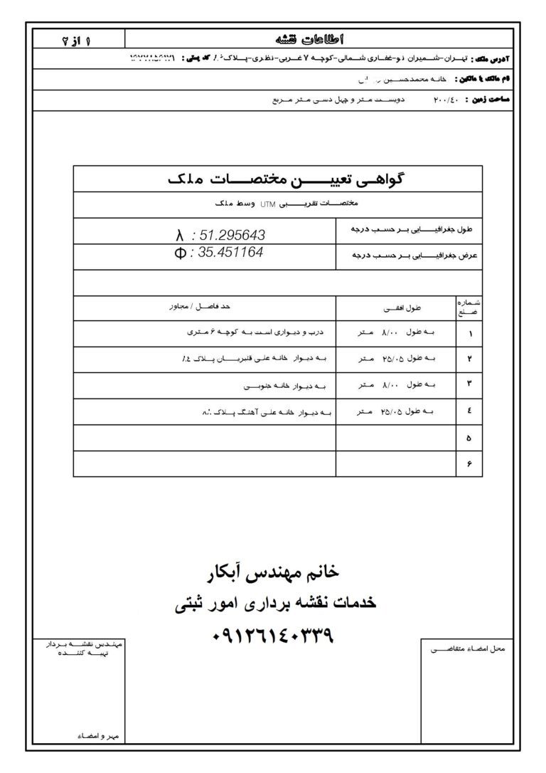 فرم گواهی مختصات ثبت نام درخواست سند قانون تعیین تکلیف اراضی و ساختمانهای فاقد سند رسمی ماده 147 نقشه بردار خانم مهندس آبکار 09126140339